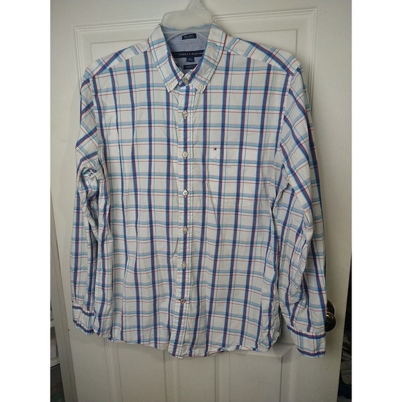 tommy hilfiger Long Sleeve White Blue Red Plaid Pocket Button Shirt. Size L - Picture 1 of 10